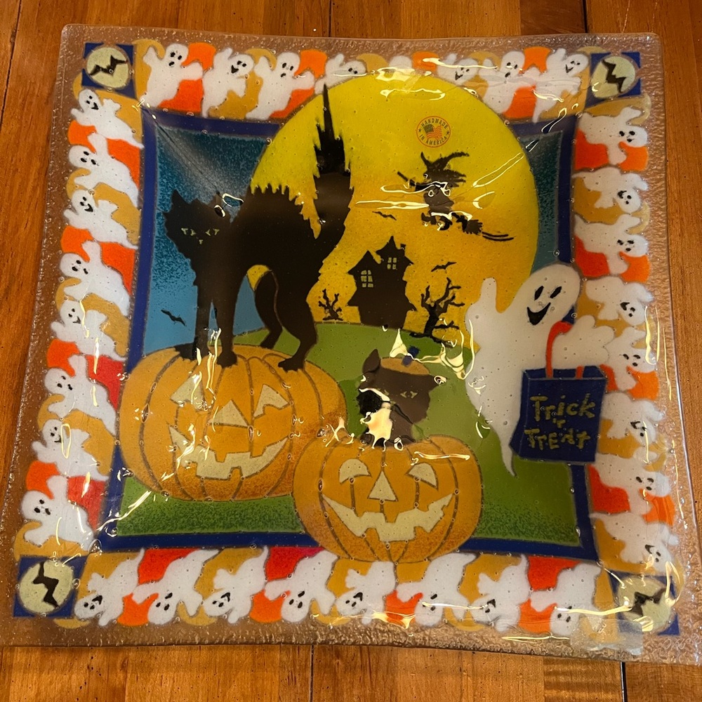 Peggy Karr Glass 12” Square In Halloween Design Serving Platter Handmade